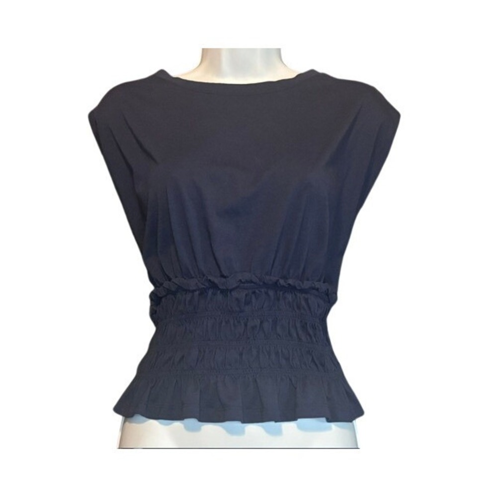 LOFT Navy Blue Smocked Waist Ruffle Hem Top Short Sleeve Blouse Navy Blue Medium